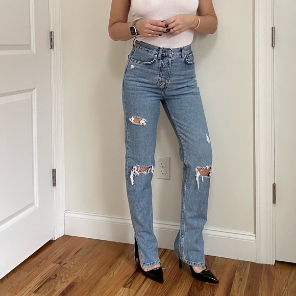 High Waist Side Slit Washed Distressed Jeans - Picture 1 of 10